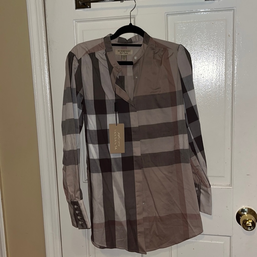 Burberry Beige and Brown Check Button-Down Shirt